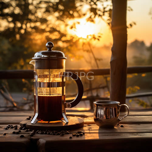 french presses sit on outdoor tables amidst scattered beans at sunset