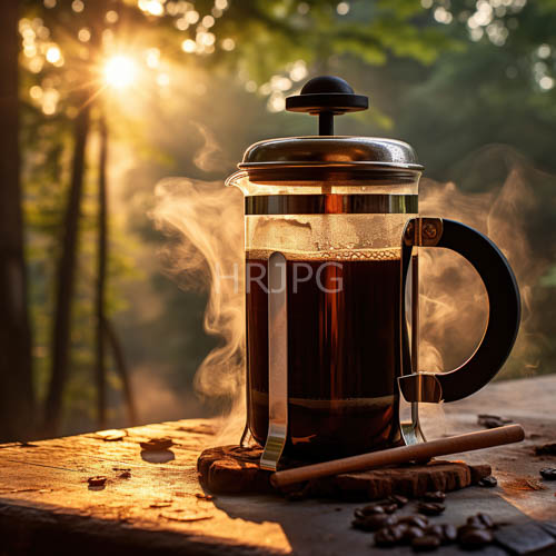 rustic espresso setup amidst filtered sunset light on wooden tables with green background