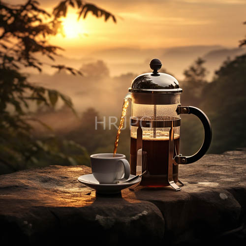 morning coffee station amidst misted forest landscape and warm sunlight filtering through
