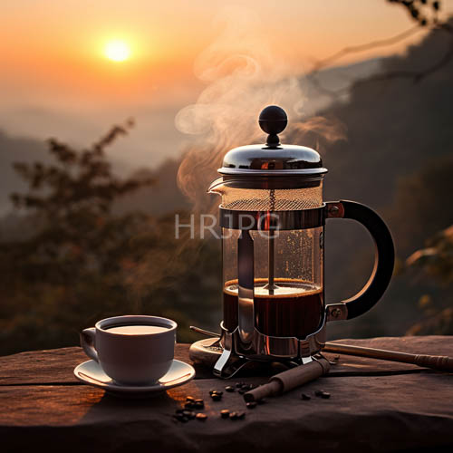 sunlit morning retreat with steaming coffee and black tea on a wooden table