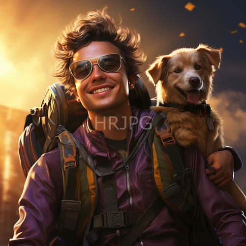 ethereal sunset light illuminates outdoor adventure with a loyal furry companion