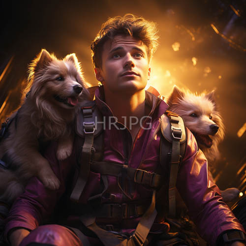 of young man in purple shirt with dogs surrounded by warm orange glow of forest firelight