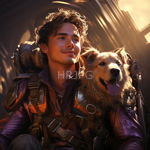 leather armor adorned young man with companion red furred dog in detailed rendering