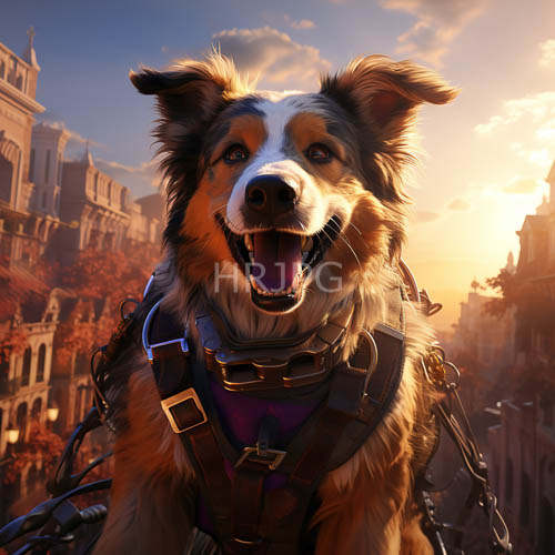 border collie explores gothic cityscape amidst amberhued sunset with crimson silhouettes