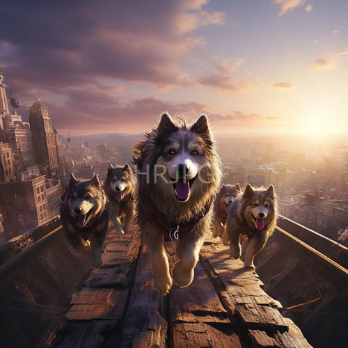 High Resolution: Urban Canine Pack Sprints Across Weathered Rooftop Amidst Cityscape download. | HRJPG.com