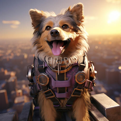 purple steampunk harness adorns adorable shih tzu amidst sunset cityscape