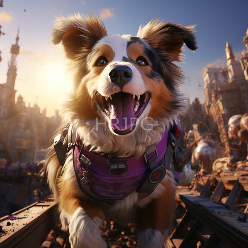 border collie perches on rooftop amidst dazzling sunset city hues amidst ornate architecture
