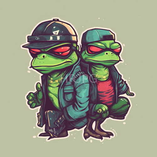 contrasting frog mascots in olive backdrop with dark blue jackets and yellow scales