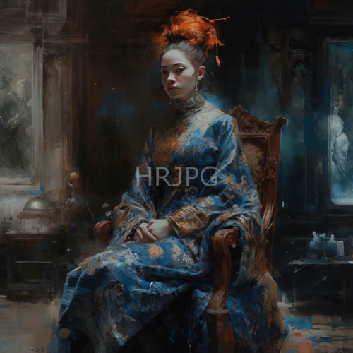 elegant woman in ornate wood chamber with faded floral silk robe