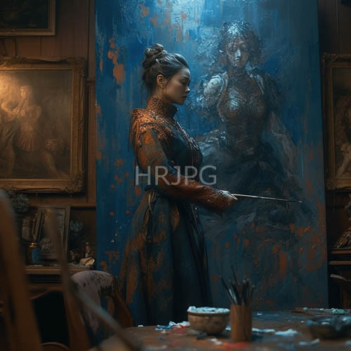 ethereal figure in ornate dark blue dress in cluttered art studio setting meta dimly lit ornate and cluttered art studio with classical paintings wooden furniture and paintladen brushes creates a sanctuary for the female artist in the making