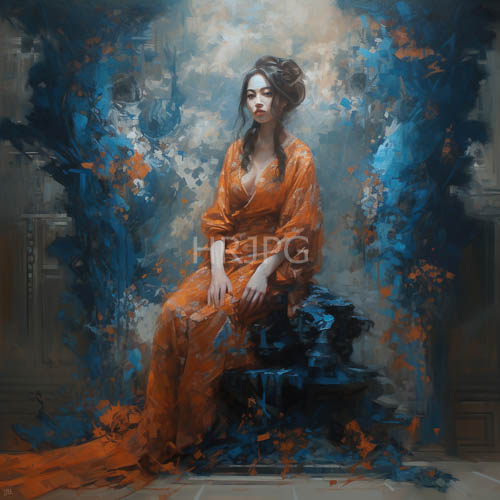 ethereal woman in orange draping on ancient stone pedestal in misty ambient light