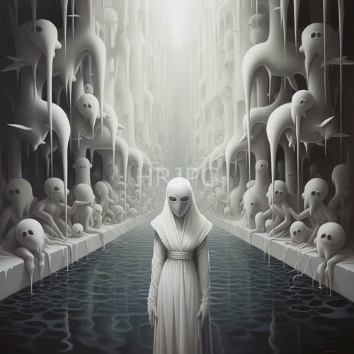 melting wax statues march along sinuous canal toward vanishing point