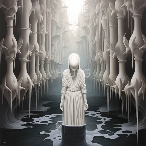 surreal faceless figure in eerie gray toned forest with icy abstract structures