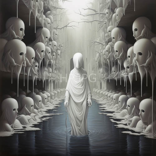 macabre skulls suspended in haunting grayscale gravitas on mysterious foreboding shelves