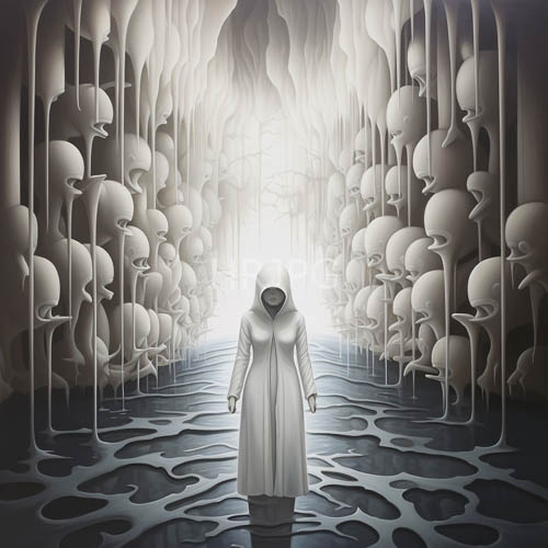 High Resolution: Ethereal hooded figure amidst dripping skeletal arches in monochromatic landscape download. | HRJPG.com