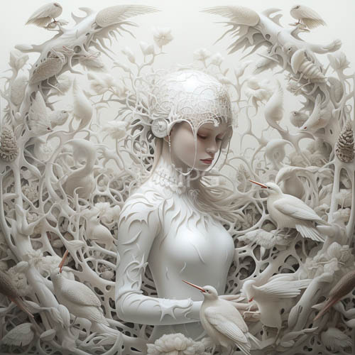 paleskinned woman with ornate bird carvings in flight amidst delicate florals on luminous backdrop