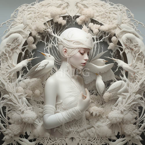 ethereal woman with ornate headpiece in celestial garden setting with realistic birds