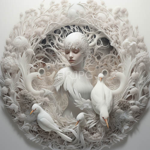 High Resolution: Elegant Swans Perched on Marble Bust Amidst Intricate Floral Patterns download. | HRJPG.com
