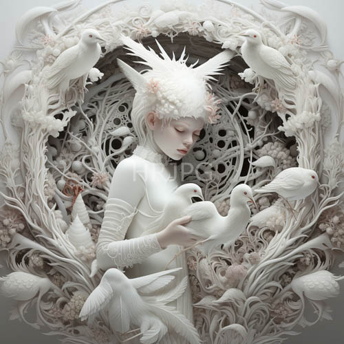 ethereal figure framed by intricate lace and delicate avian motifs in whimsical dreamscapes