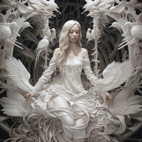 ethereal goddess in ruffled gown amidst intricate swirling patterns of pale hues