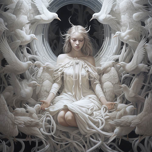 ethereal goddess amidst celestial flock in lavender hues and diaphanous fabric