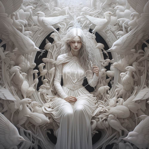 ethereal figures sit serenely amidst swirling avian textures in ivory gown