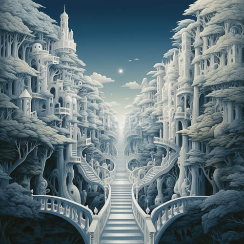 ancient trees merging with futuristic citiescapes through foliage and celestial canopies