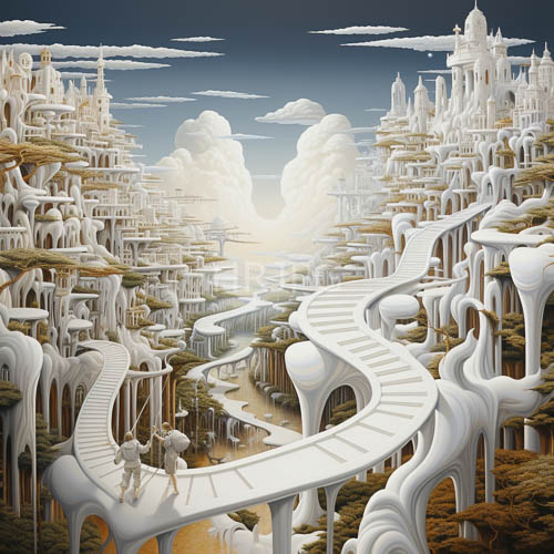 surreal cityscapes unfold beneath winding staircases amidst brooding cloudy skies and verdant landscapes