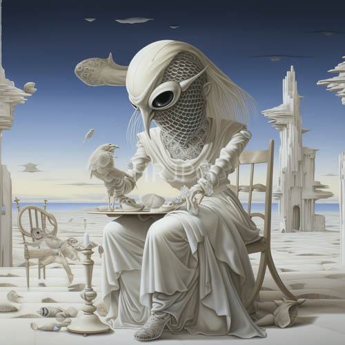 ethereal masked figure sits amidst crumbling classical ruins under luminous blue sky