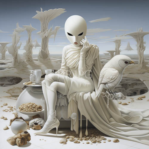 alien in elegance perched on pedestal with flowing fabric draping over slender frame in quiet interstellar tea ceremony setting under subtle soft light