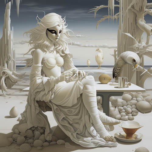 fragile contours of delicate features cradling teacups amidst desaturated obsidian landscape