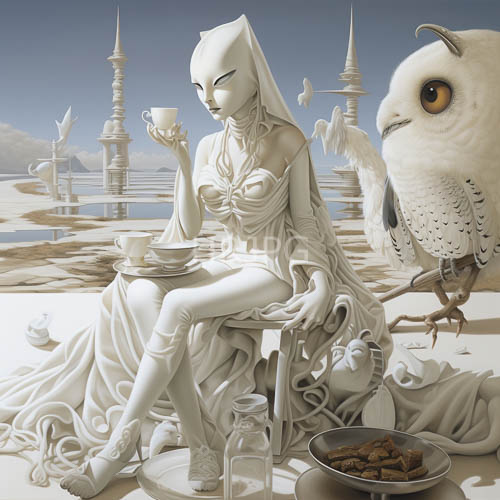 slender women in sunlit rooms with stone benches and perched owl