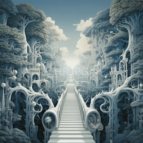 organic forms adorn structural frameworks in futuristic bluegray environments with merging landscapes