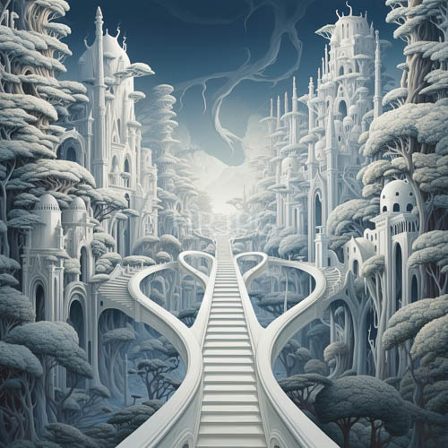 fantasy cityscape of white stone architecture and twisted trees under faint starlight