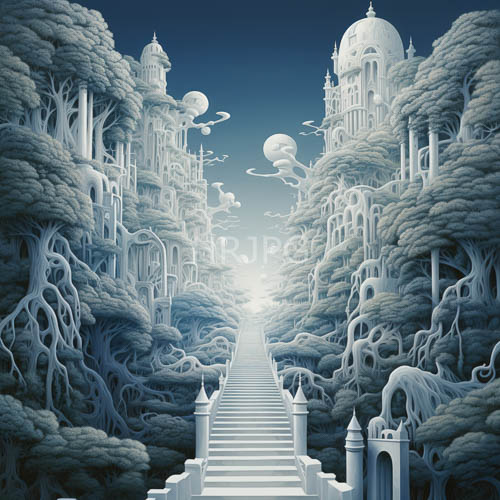 High Resolution: Mystical Cityscape Pathways Amidst Twisted Trees and Spiraling Domed Buildings download. | HRJPG.com