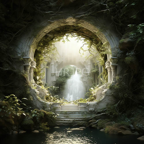 ancient overgrown stone archway waterfall forest folds into the emerald depths