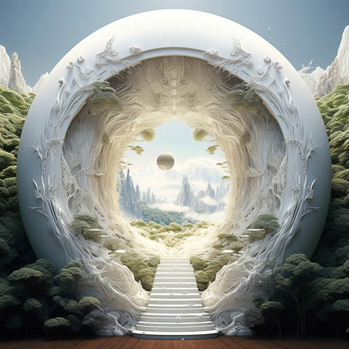 ethereal islands shrouded in misty skies with futuristic archway and lush greenery