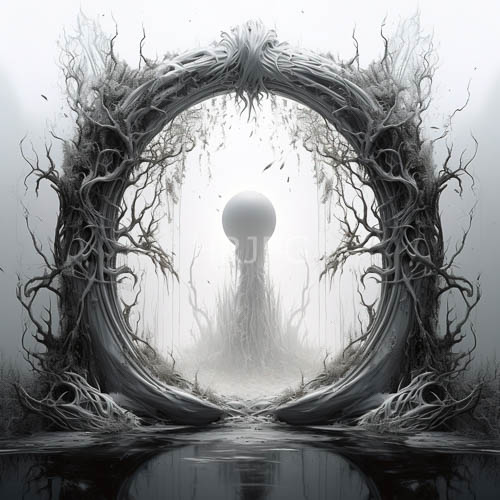 ethereal sphere hovers above spectral figure in haunting