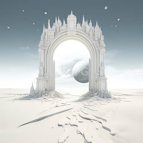 ancient spires pierce desert landscape under ethereal bluewhite sky gradient