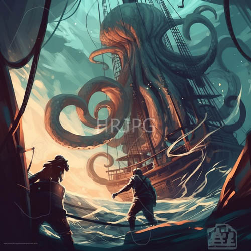two silhouetted sailors stand defiantly on jagged cliffs amidst turbulent waves and tentacled sea monster