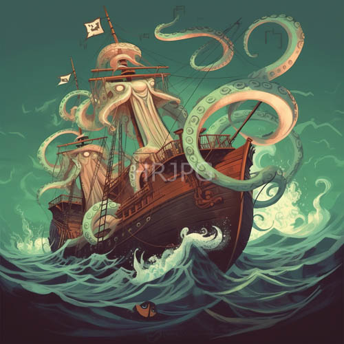 High Resolution: Pirate Vessel Beckons Amidst Turbulent Oceanic Turmoil and NeonHued Bioluminescence download. | HRJPG.com