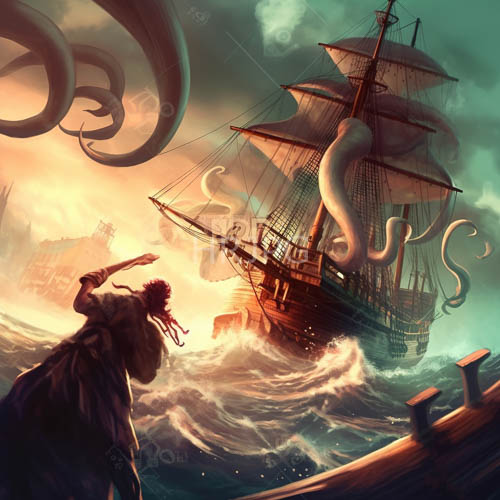 orangegreen skies dominate fantasy of sorcerer amidst swirling sea waves