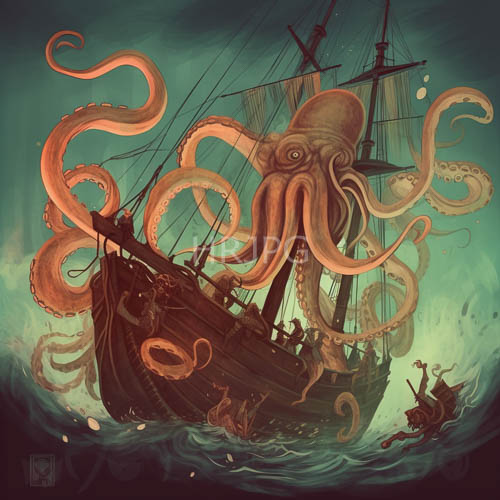 kraken attack unleashes turbulent green waters against weathered wooden vessel