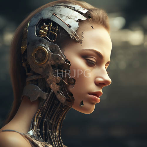 seamless integration of cybernetic prosthetics into androgynous young womans head