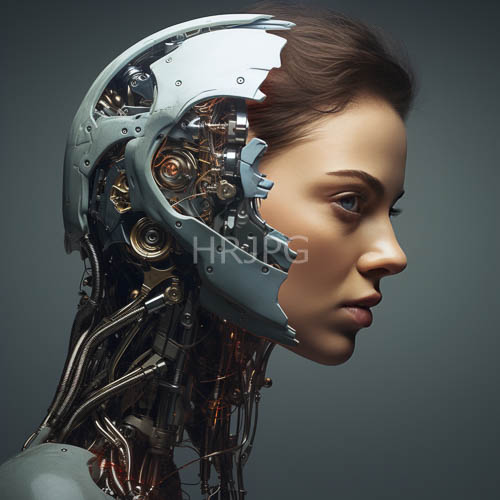 asian womans profile in cybernetic augmentation with intricate metal and circuitry
