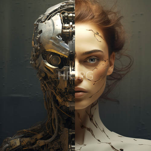 High Resolution: Cybernetic Fusion of Human and Machine in Industrial Canvas download. | HRJPG.com