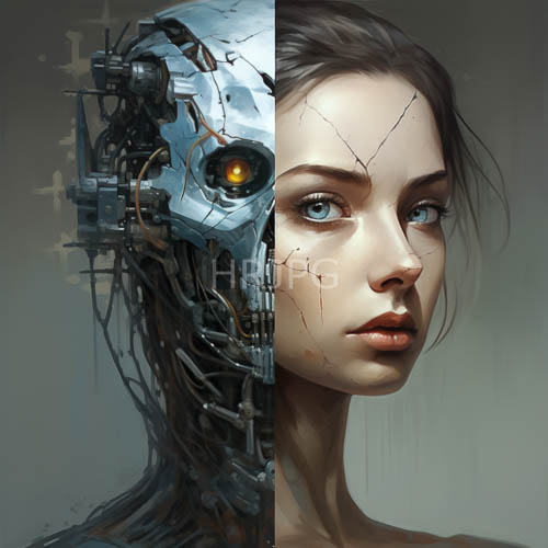 futuristic art blends cybernetic elements with realistic human formations in a seamless merging of technology and humanity