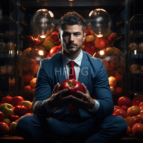 High Resolution: Caucasian man in blue suit presents red apple amidst multicolored fruit display download. | HRJPG.com