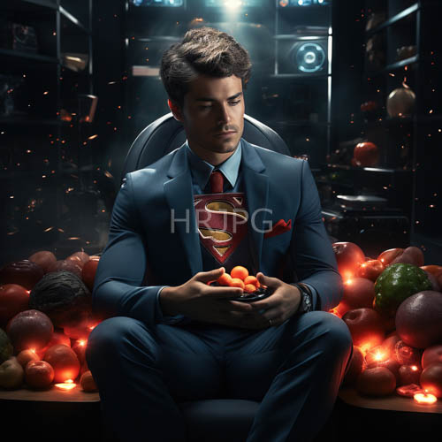 young man in supermanthemed suit amidst glowing oranges in futuristic laboratory setting