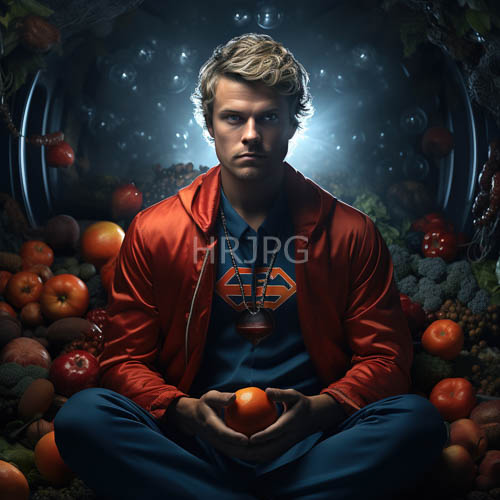 blond blueeyed man seated crosslegged on mossy floor amidst swirling apples and oranges